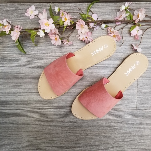 Suede Slip on Slider Pink Flat Sandals-C - Picture 2 of 8